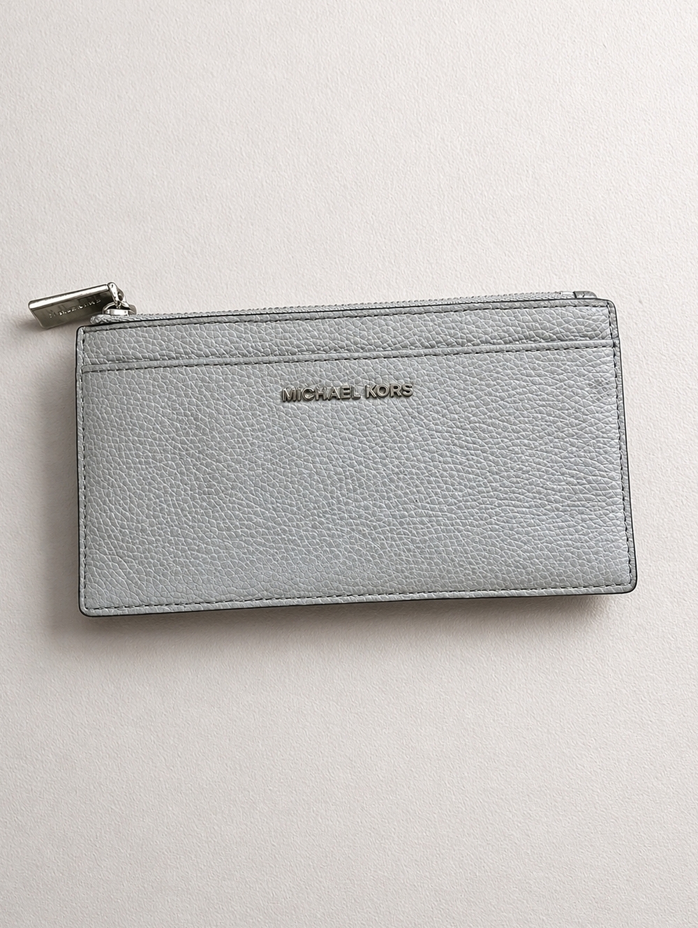 Michael Kors Slim Card Holder Wallet Gray Leather Zip Top Key Ring Minimalist